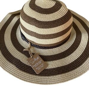 Sunlily Roll & Go Hat - OSFM. Cream /tan striped , NWT, fibers and polyester